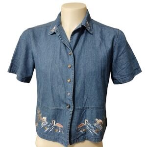 Jane Ashley Shirt‎ Women's Medium Button Up Short Sleeve Blue Jean Embroidered